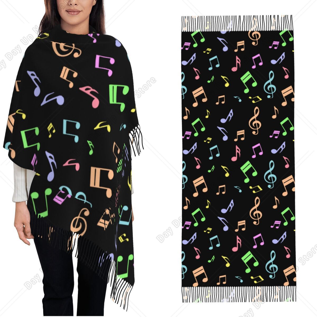 Pashmina Wrap Large - キュートでカラフルな音符柄のショールラップ、レディース用暖かい大型ソフトスカーフ、パシュミナショールスカーフ