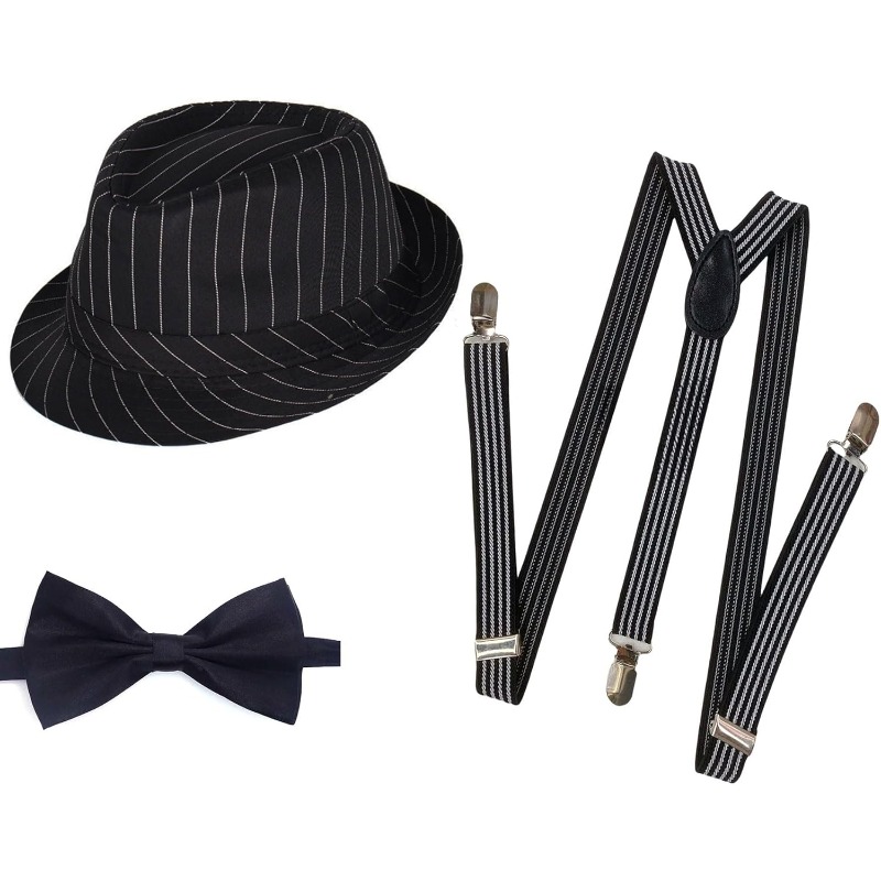 Bow Tie Pre Tied - 1920年代メンズコスチュームフェドラハットギャツビーギャングスターアクセサリーサスペンダー＆プレタイドボウタイヴィンテージチェックトップハット