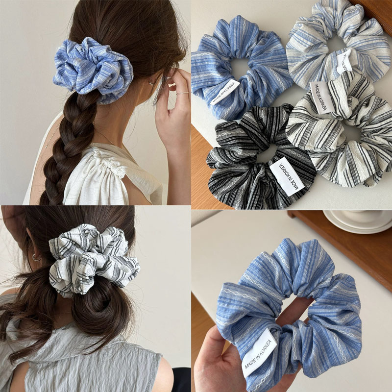 Silk Tie Striped - 女の子のための韓国のファッションストライプのヘアラバーバンド、青いシュシュ、大きな伸縮性のあるヘアタイ、無地のシルク、アクセサリー、2024