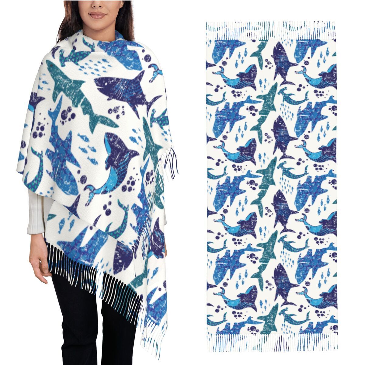 Pashmina Wrap Large - サメ水中世界海洋海洋生物スカーフ冬秋パシュミナショールラップロングラージショールスカーフ軽量