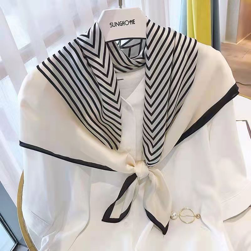 Silk Tie Striped - ファッションスクエア 70 センチメートル黒と白のストライプのバンダナヘッドスカーフ女性のヒジャブショールハンカチハンカチシルクサテンスカーフ