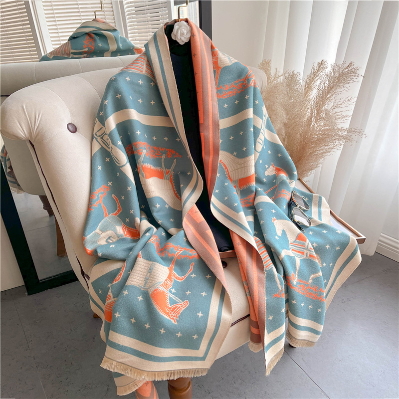 Woven Scarf Blanket - 高級馬プリント厚いカシミヤ毛布女性スカーフ暖かいパシュミナショール冬ラップ Bufanda 新デザインポンチョエシャルプ女性