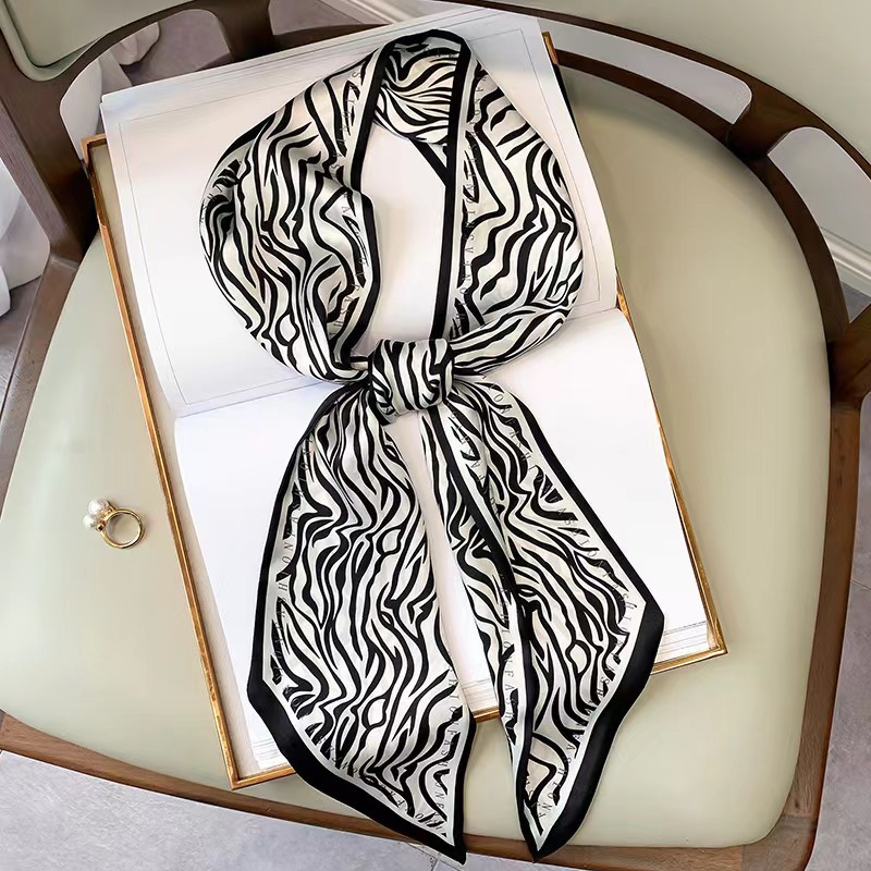Silk Tie Striped - 高級ゼブラプリントシルクスクエアスカーフ女性ソフトサテンハンカチヘアバンドネッカチーフヘッドヒジャブ女性ヘッドバンドスカーフバッグリボン