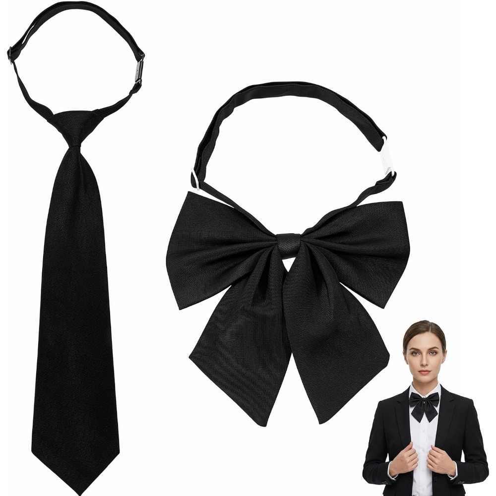 Bow Tie Pre Tied - 女性用ブラック蝶ネクタイ、特別なイベントや制服に最適な調節可能な大きな既製リボン