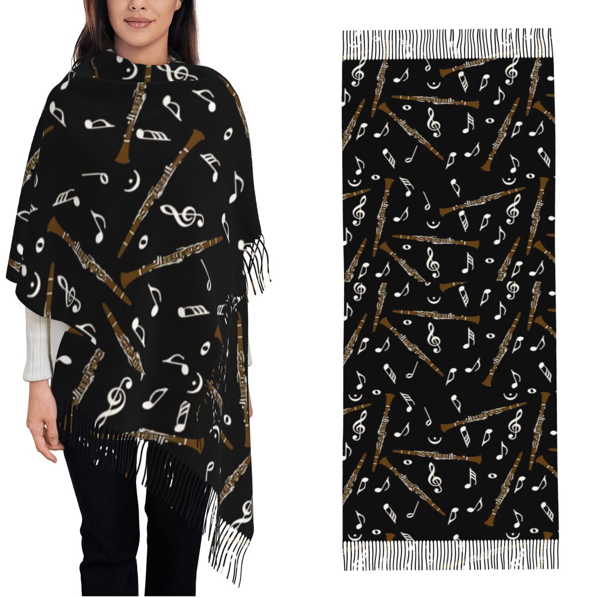 Pashmina Wrap Large - タッセル付きレディーススカーフ クラリネット音符柄 大きな冬秋ショールとラップ 日常着 パシュミナスカーフ