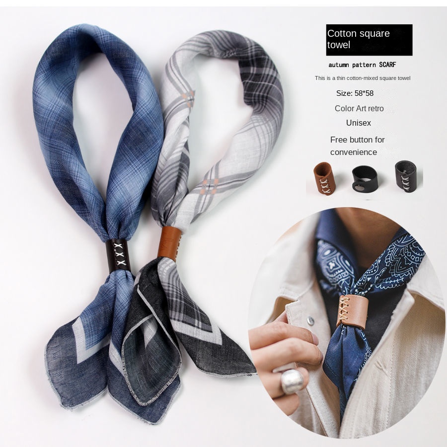 Ascot Neck Scarf - メンズスクエアスカーフ,ボタン付きコットンとリネンのスカーフ,上質な小さなシルクスカーフ,柔らかくてアメリカンスタイル,春秋