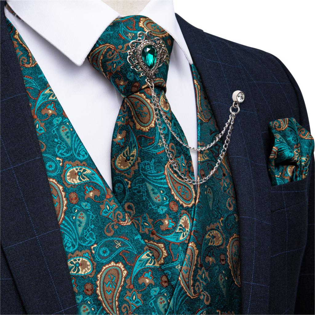 Pocket Square Set - 新しいティールグリーンのペイズリー柄フォーマルドレスベスト メンズスーツベスト タイ ブローチ ポケットチーフセット タキシード用