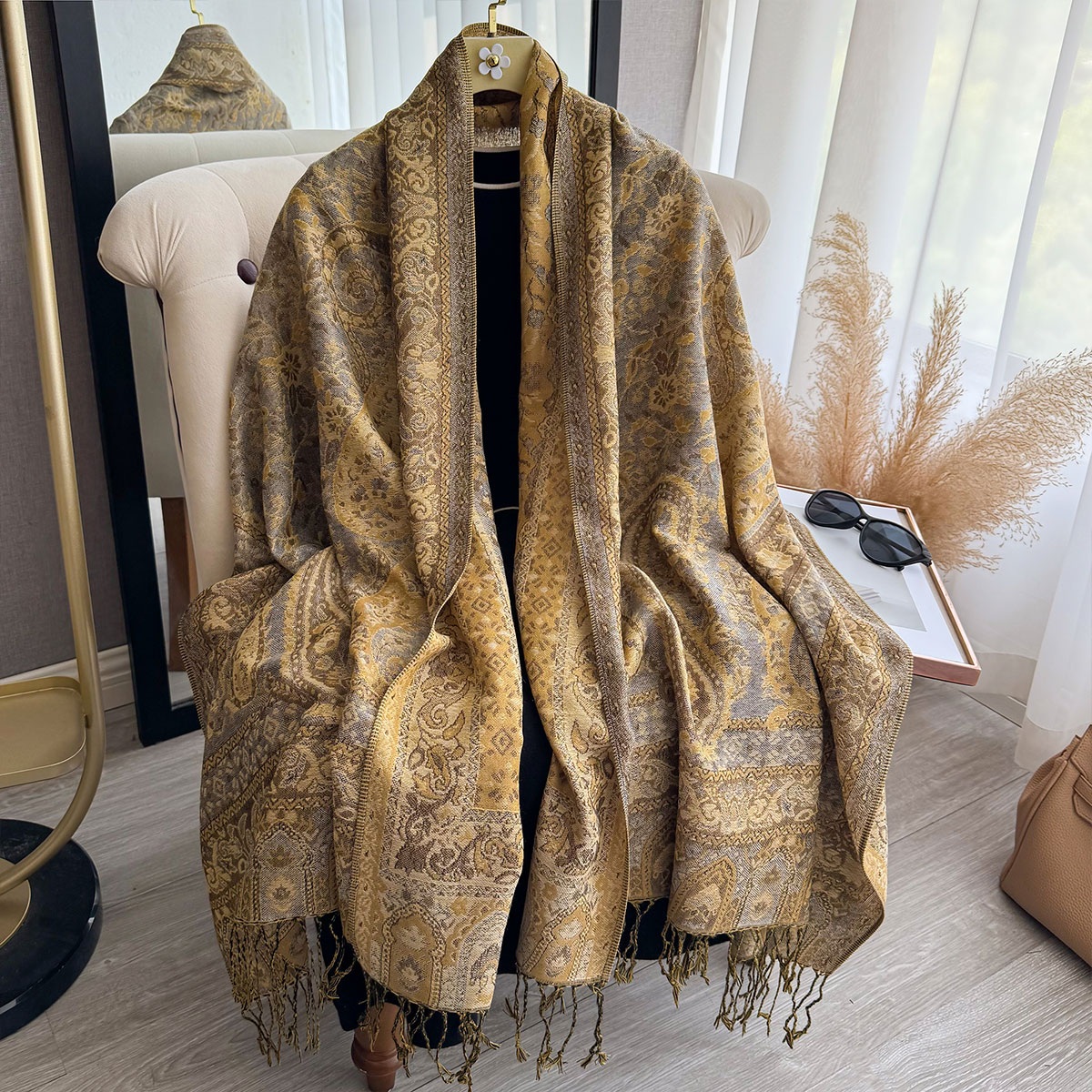 Woven Scarf Blanket - 2025 タッセルブランケットデザイン エスニック風 厚手パシュミナ 新冬 暖かいショール