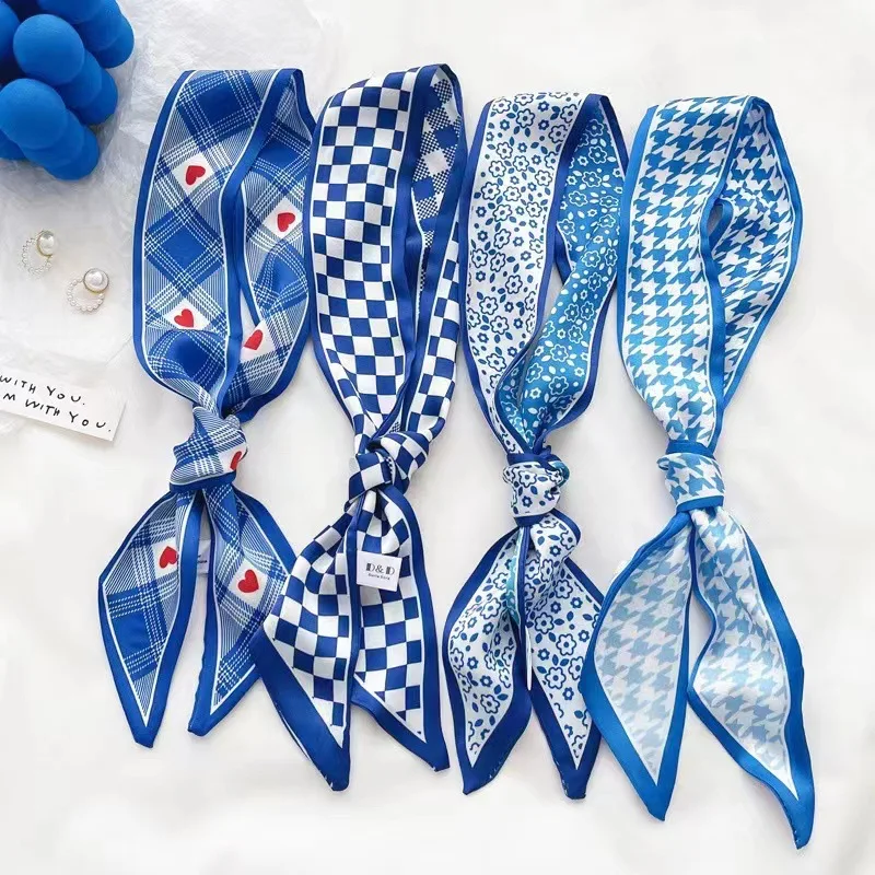 Ascot Neck Scarf - クラインブルーのシルクスカーフ、新しいチェッカーボード柄ヘッドバンド（女性用）、ヴィンテージボヘミアンシルクスカーフ、ネックヘッドデイリートラベルギフト、トレンディ