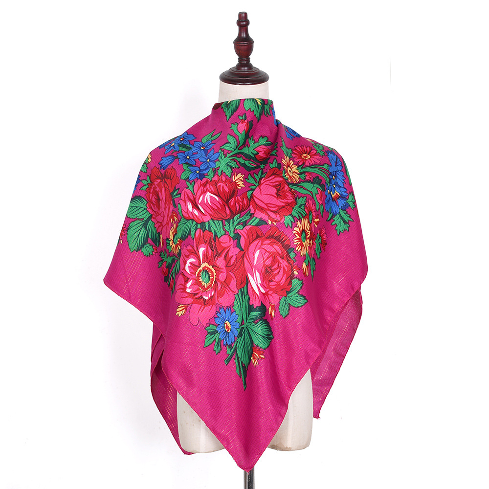 Bandana Cotton - 女性のためのロシアの正方形のスカーフ、花柄のショール、ロシアの頭のラップ、金色の銀色のワイヤー、高級ロシアのハンカチ、110x110cm