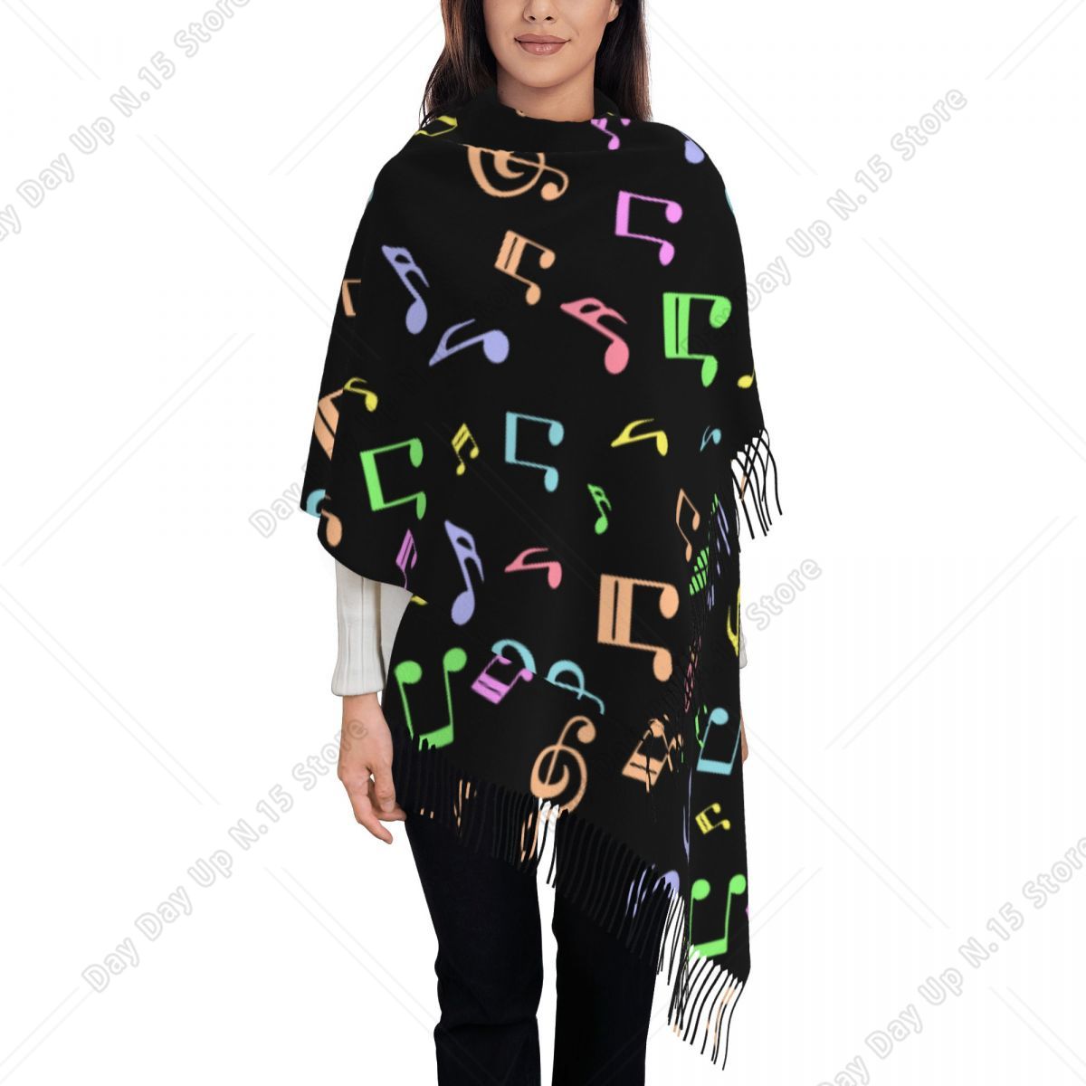 キュートでカラフルな音符柄のショールラップ、レディース用暖か - Pashmina Wrap Large のレビューと価格