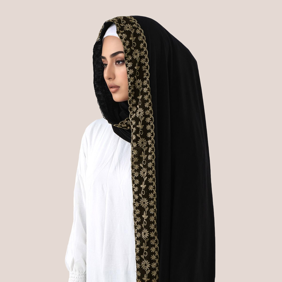 レース刺繍コットンジャージーイスラム教徒ヒジャブロングスカー - Head Wrap Turban のレビューと価格