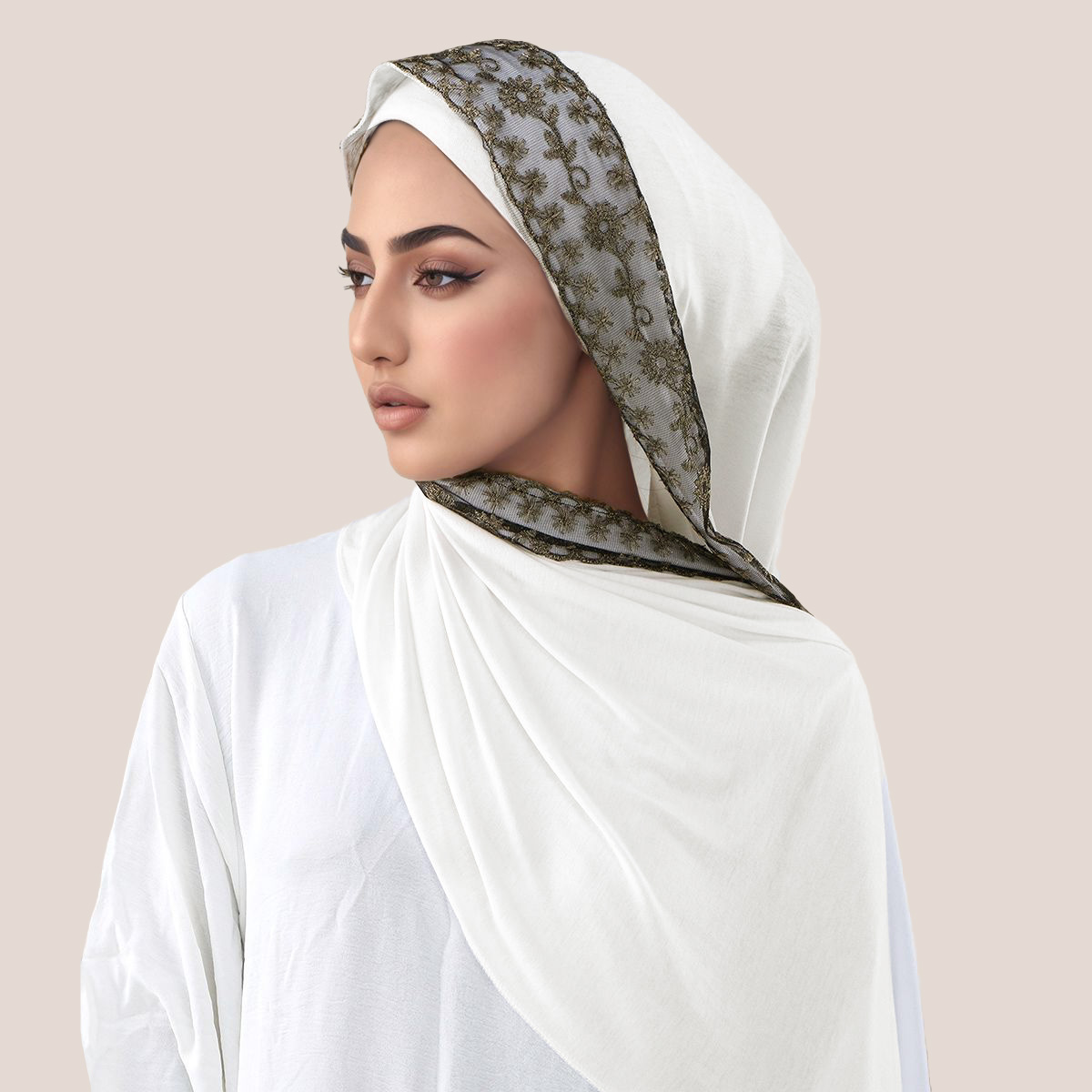 レース刺繍コットンジャージーイスラム教徒ヒジャブロングスカー - Head Wrap Turban のレビューと価格