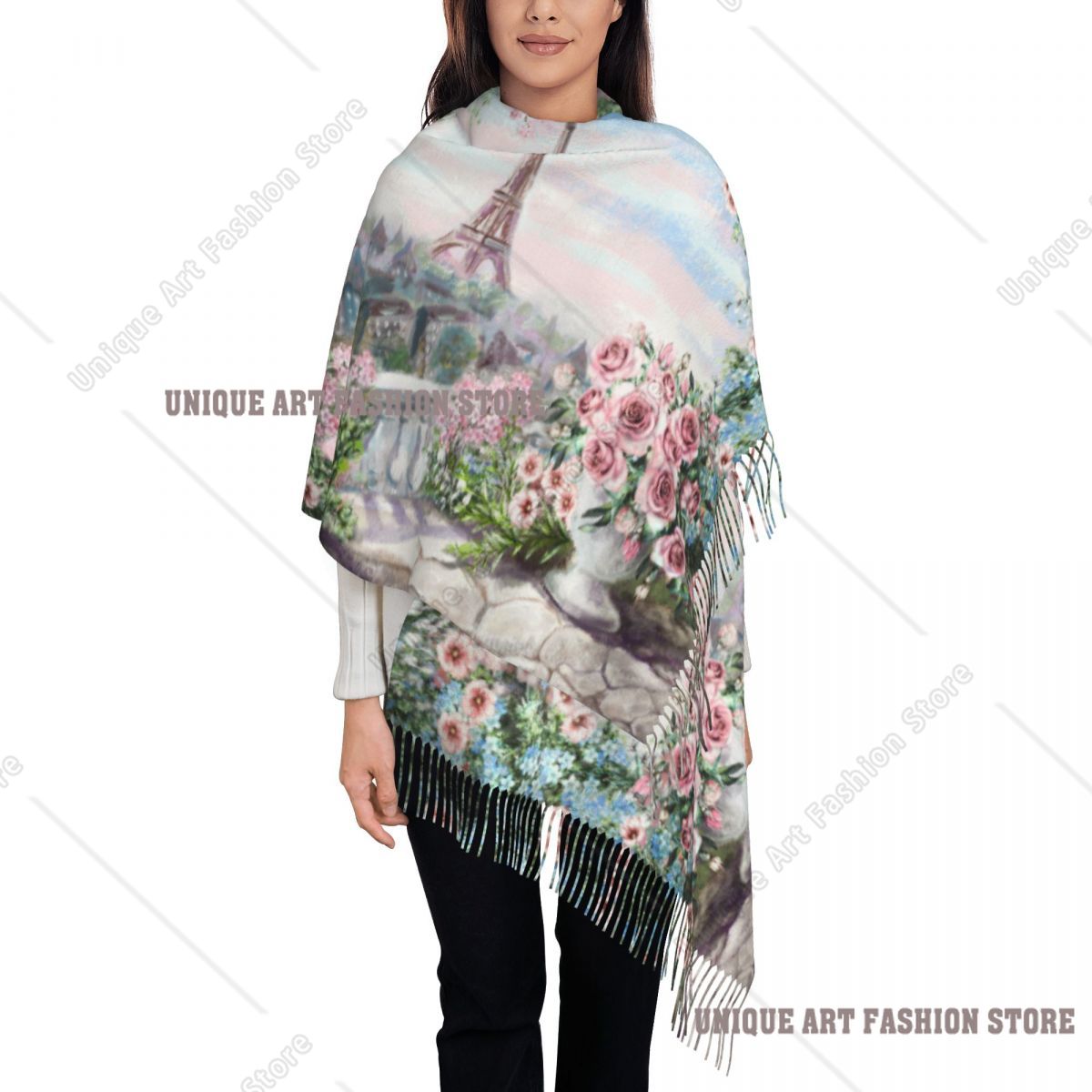油絵フランスパリエッフェル塔ショールラップ女性暖かい大きなロ - Pashmina Wrap Large のレビューと価格