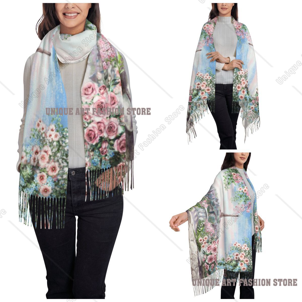油絵フランスパリエッフェル塔ショールラップ女性暖かい大きなロ - Pashmina Wrap Large のレビューと価格