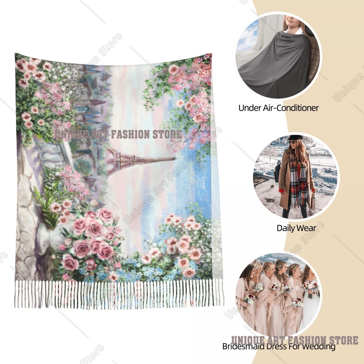 油絵フランスパリエッフェル塔ショールラップ女性暖かい大きなロ - Pashmina Wrap Large のレビューと価格