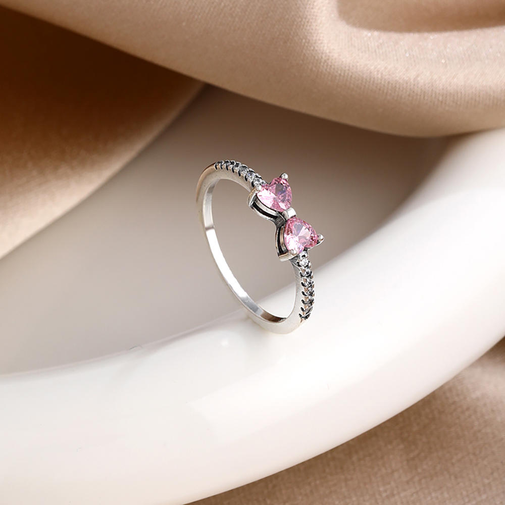 925 スターリングシルバーレッドピンクホワイト弓リング女性 - Tie Clip Silver のレビューと価格