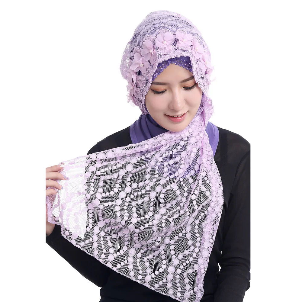 純色通気性女性レーススカーフラップヘッドスカーフ中空スカーフ - Stole Wedding Shawl のレビューと価格