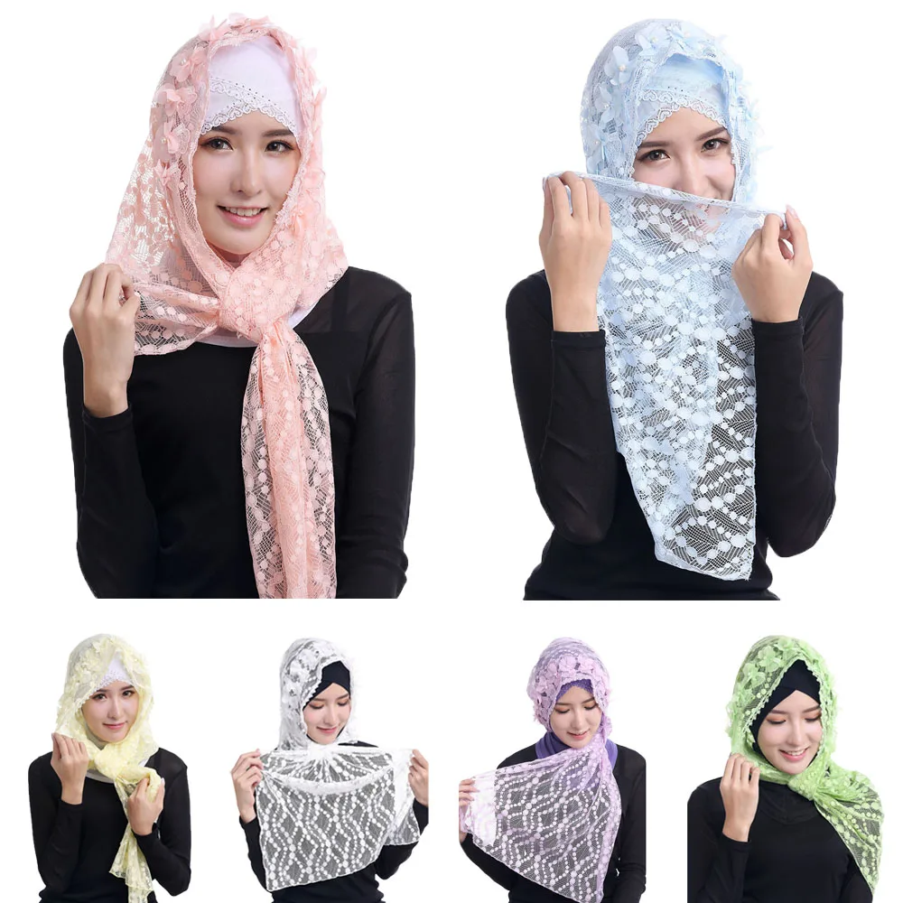 純色通気性女性レーススカーフラップヘッドスカーフ中空スカーフ - Stole Wedding Shawl のレビューと価格