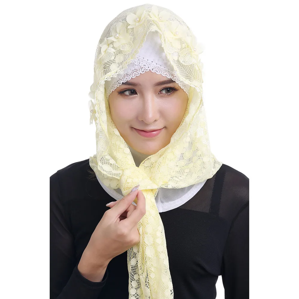 純色通気性女性レーススカーフラップヘッドスカーフ中空スカーフ - Stole Wedding Shawl のレビューと価格