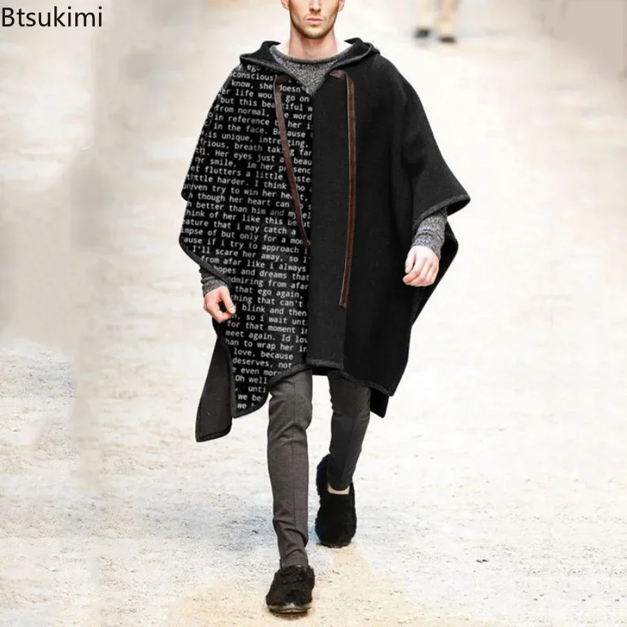 メンズウールポンチョ,フード付きコート,ショールジャケット, - Muffler Men Wool のレビューと価格