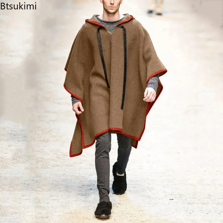 メンズウールポンチョ,フード付きコート,ショールジャケット, - Muffler Men Wool のレビューと価格