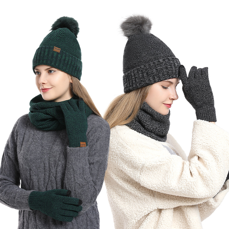女性用冬用3点フリース裏地付きニットセット、ポンポン付きビー - Infinity Scarf Knit のレビューと価格