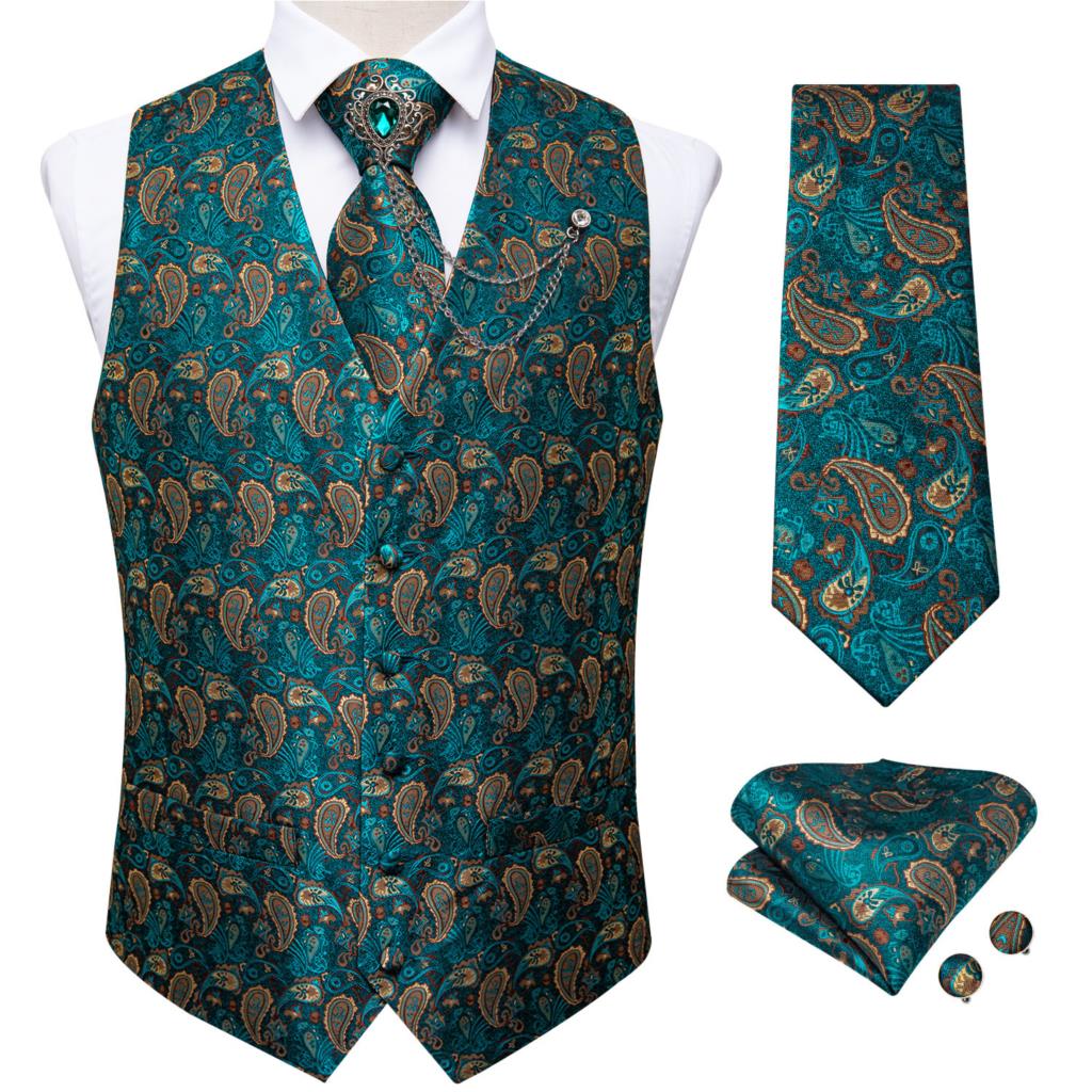新しいティールグリーンのペイズリー柄フォーマルドレスベスト  - Pocket Square Set のレビューと価格