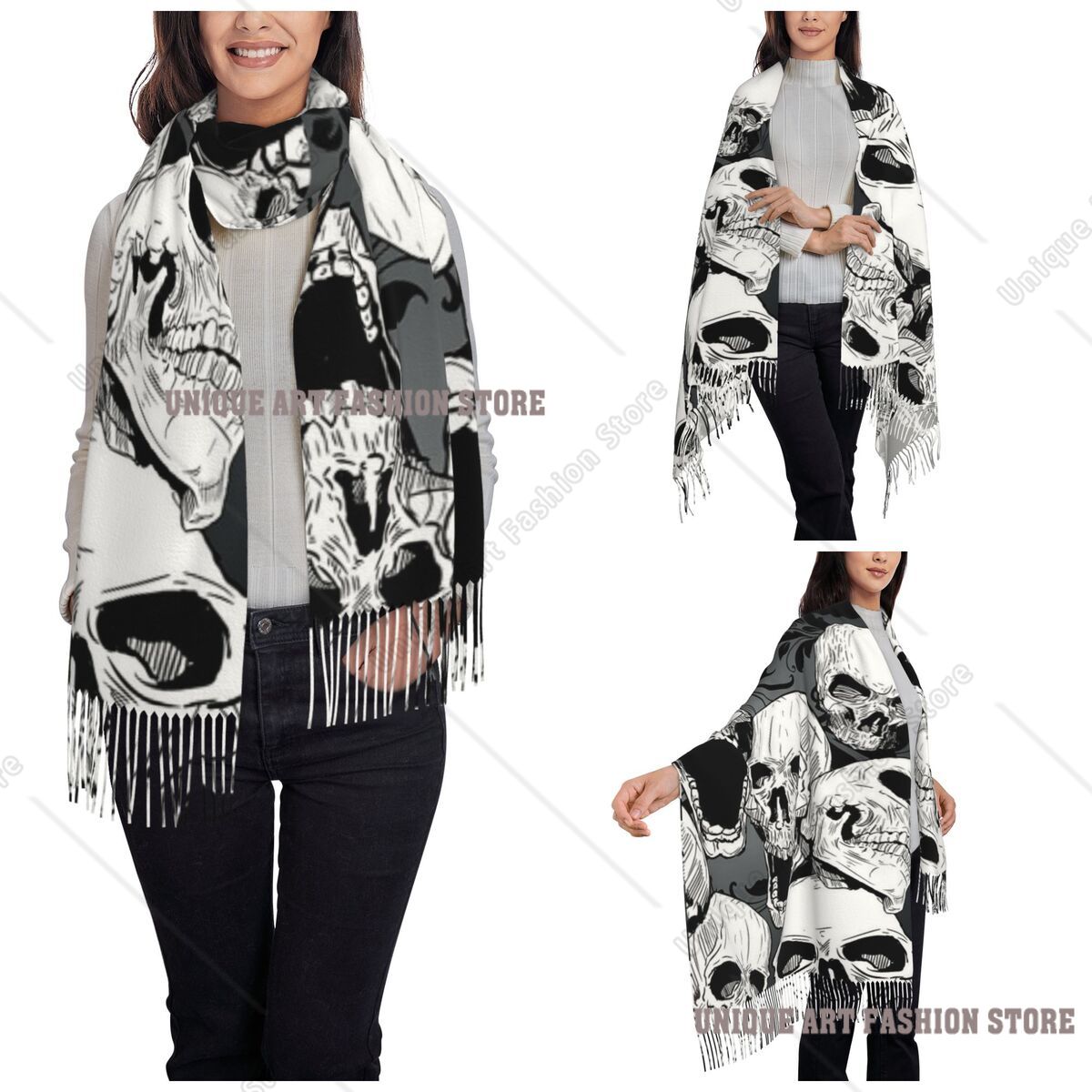 レディースタッセルスカーフデススカルゴシック大型ソフトウォー - Pashmina Wrap Large のレビューと価格