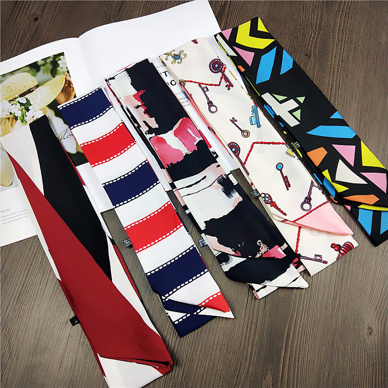 女性のための長いシルクのネッカチーフ,狭いバッグスカーフ,小 - Silk Tie Striped のレビューと価格
